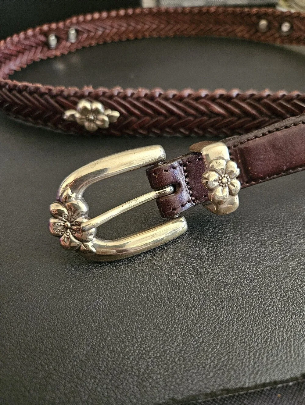 Vintage Brighton Women's Western Brown Leather Braided Flower Concho Belt Size L